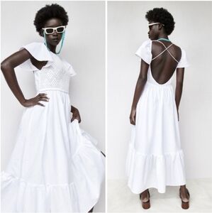 Zara White Maxi Dress with Crochet Bodice and Open Back